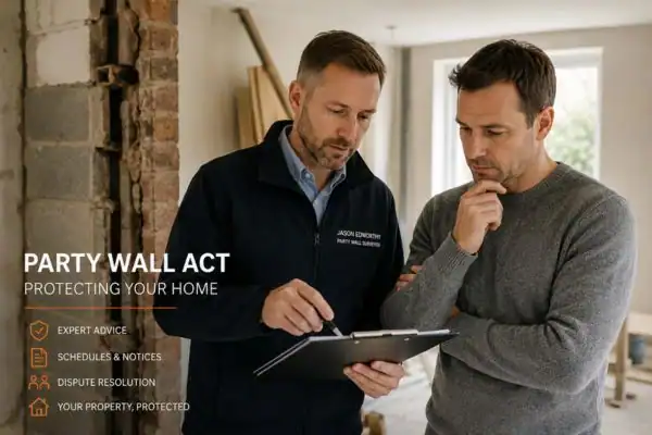 Party wall surveyor Preston discussing extension plans with homeowner outside a UK semi-detached house.